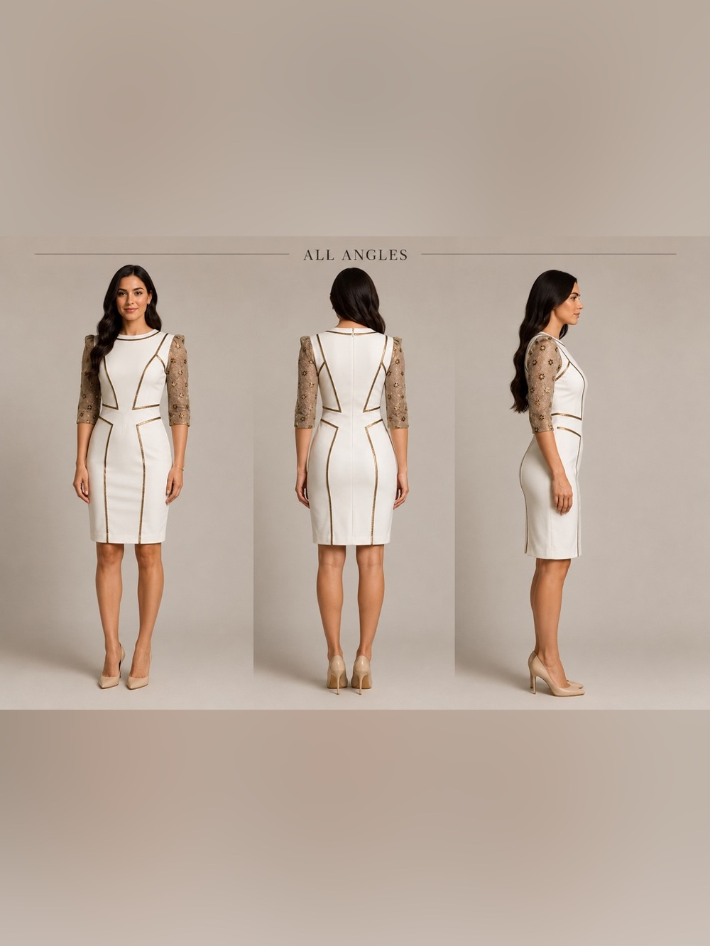 Tadashi Shoji Midi Cream and Gold Dress